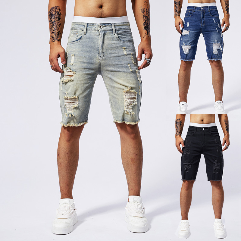 Streetwear Brand Denim - 2025 여름 뉴 남성 찢어진 데님