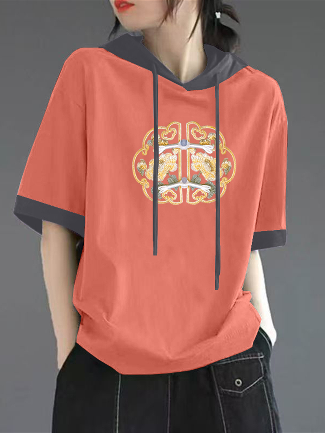 레드 퓨어 코튼 반팔 티셔츠 여성 여름 신상 중국풍 후 - Streetwear Brand Hoodies 리뷰 및 가격