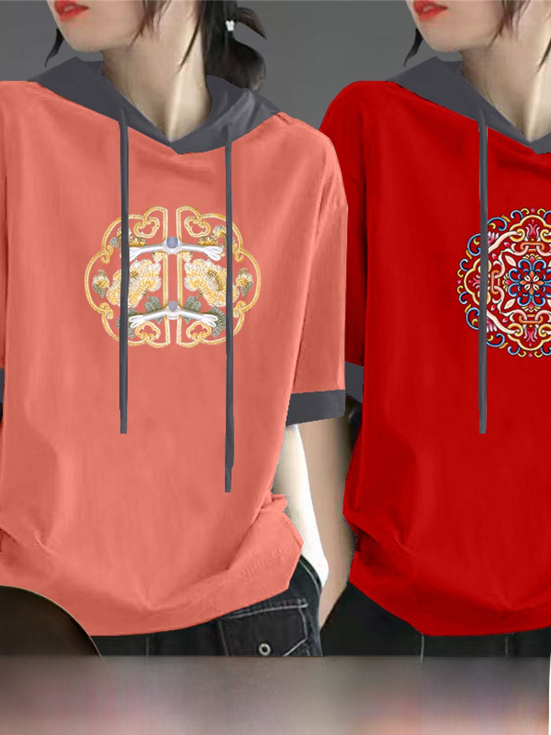 레드 퓨어 코튼 반팔 티셔츠 여성 여름 신상 중국풍 후 - Streetwear Brand Hoodies 리뷰 및 가격