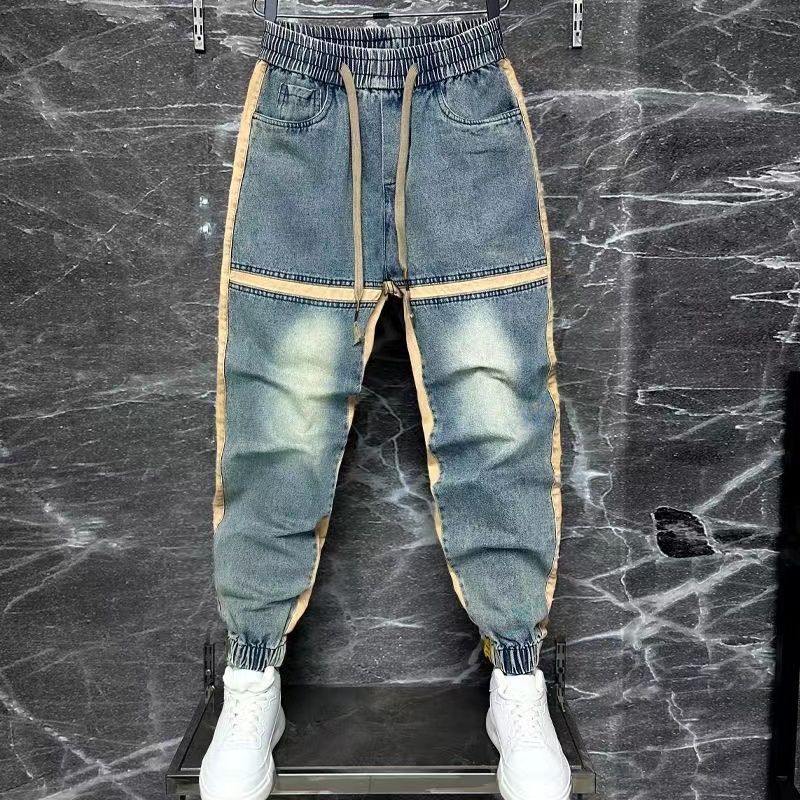남성용 워싱 블루 데님 바지, 하렘 바지, 스플라이스  - Streetwear Brand Denim 리뷰 및 가격
