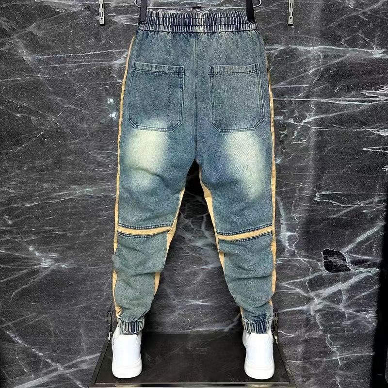 남성용 워싱 블루 데님 바지, 하렘 바지, 스플라이스  - Streetwear Brand Denim 리뷰 및 가격